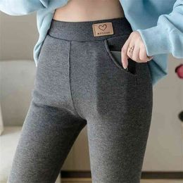 High Waist Soft Winter Pocket Leggings for Women Fleece Thick Pants Velvet Thermal Grey Women's Warm 210925