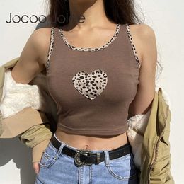 Jocoo Jolee Women Leopard Heart Patches Vintage Tank Tops Casual Sleeveless Cute Crop Tops Sexy Y2K Patchwork Tanks Shirts 210619