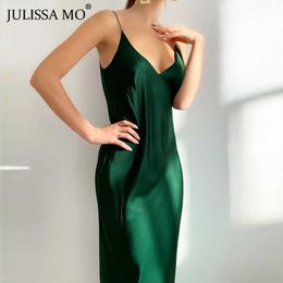 Julissa Mo Satin V-Neck Party Dress For Women 2021 Sleeveless Spaghetti Strap Long Dresses Summer Sexy Elegant Clubwear Vestidos Y0603