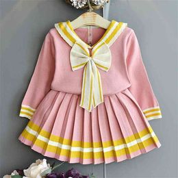 Preppy Style Autumn Infant Baby Girls Long Sleeve Lovely Bow Tie Sweater + Skirt Clothing Sets Kids Girl Suit Clothes 210521