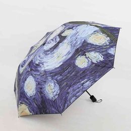 Vincent van Gogh Oil Painting Starry Night Three Folding Umbrella 8 Rib Wind Resistant Frame For Women Men Children 210401