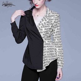 Fashion Long Sleeve Printed Blouse Women Tops OL Casual V-neck Shirt Letter Female Clothes Blusas Mujer 7924 50 210508