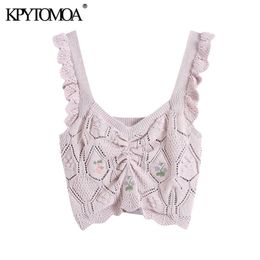 Women Fashion Floral Embroidery Cropped Knitted Tank Tops Wide Straps With Ruffles Female Camis Mujer 210420