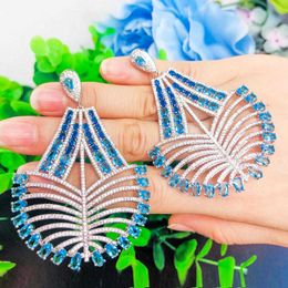 Brazilian CZ Blue Sapphire Topaz Long Big Silver Luxury Bohemia Statement Earring Party Jewelry CZ645 210714