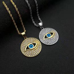 Pendant Necklaces Hip Hop Rock Rhinestones Paved Bling Iced Out Stainless Steel Eye Of Horus Round Pendants For Men Rapper Jewelry