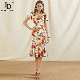 Summer Fashion Bodycon Mermaid Party Dress Women Designer Elegant V-Neck Flower Print Vintage Midi Vestidos 210522