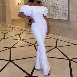 Ruffles Off Shoulder Elegant Jumpsuit Solid Color Office Lady Evening Party Chic Flare Pants Romper Overalls 210521