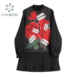 Black Hem Pleated Dress Floral Print Long Sleeve Vintage Crop Stand Collar Elegant Baggy Party Club Chic Street 210515