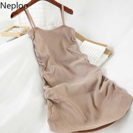 Neploe 2021 Summer Spaghetti Strap Dresses Women Sweet A-Line Robe Femme Korean Casual Sexy Knitted Pleated Dress 1D745 Y0823