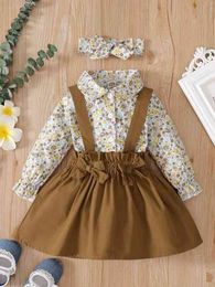 Baby Ditsy Floral Flounce Sleeve Blouse & Bow Front Pinafore Skirt With Headband SHE