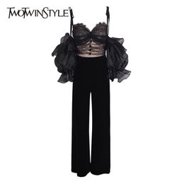 TWOTWINSTYLE Black Sexy Womens Suits Lace Puff Sleeve Perspective Strap Tops High Waist Wide Leg Pants Two Piece Set Female 210517