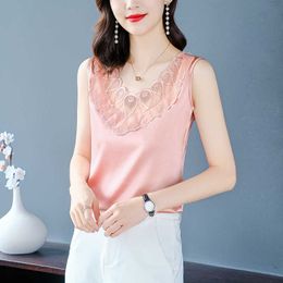 Korean Blouse Women Silk s Sleeveless Lace Tops Plus Size Woman Pullover Hollow Out Shirts Satin 210604