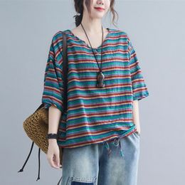 Women Summer Casual T-shirts New Arrival Simple Style V-neck Striped Loose Comfortable Female Cotton Linen Tops Tees S3648 210412