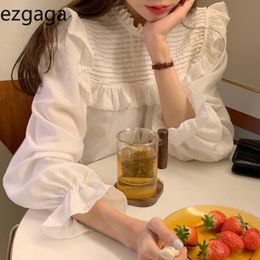 Ezgaga White Shirts Sweet Girl Korean Chic Elegant Stand Collar Ruffles Patchwork Women Shirts Flare Sleeve Solid Party Blouse 210430