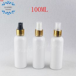 100ML White Round Shoulder Plastic Bottle With Gold Spray Pump , 100CC Makeup Sub-bottling Toner / Water Packaging Bottlegood qty