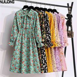 Women's Floral Printed Casual Chiffon Dresses Spring Autumn Female Vintage Flare Long Sleeve Bow Midi Dress Mujer Vestidos 210514