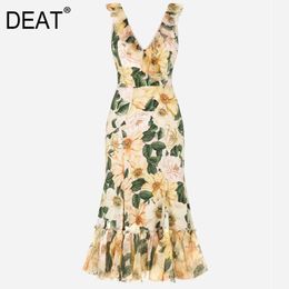 Women Colour Printing Ruffles Fish Tail Strap Dress V- Neck Sleeveless Loose Fit Fashion Tide Summer 7D00452 210421