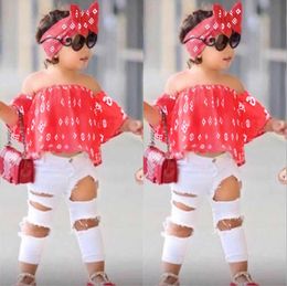 Kids Summer Girls Clothing Sets Off Shoulder Top + Hole White Pants + Hairband Girls Clothes set Children Clothes