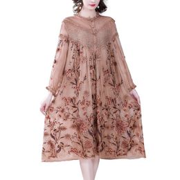 Casual Dresses Spring Autumn Women Long Sleeve Plus Size L-5XL Loose Dress High Quality Lace Patchwork Flowers Embroidery Silk