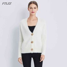 Women Knitted V Neck Single Breasted Sweater Gold Shiny Button Casual Female Cardigans Short Soft Warm Knitwear 210423