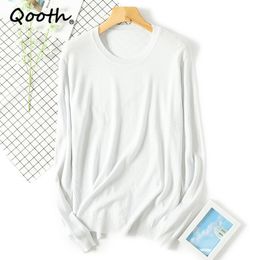 Qooth Solid O-neck Long Sleeve Knitted Bright Line Shirt Womens Slim Thin All Match Sweater Multi-color Pullover Shirt QT722 210518