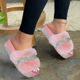 2021 Fashion Women Slippers Furry Fur Slides Home Color Fur Flops Fluffy Plush House Shoes Female Winter Warm Slippers Y0804