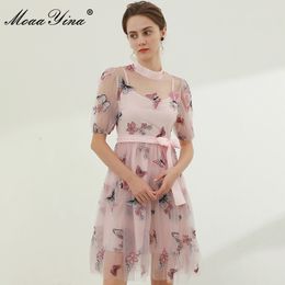 Fashion Runway Summer Pink Mesh Dress Women Puff sleeve Stand-up collar butterfly Embroidered Vintage Party Knee 210524