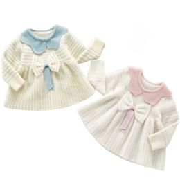 Knitted Toddler Baby Autumn Winter Knitting Girls Clothes Sweater Bow Dresses Party Kids Dress 210417