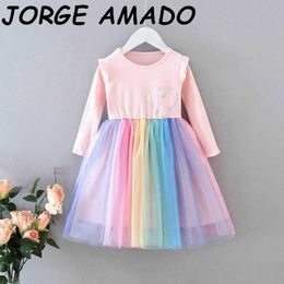 Girls Dress Autumn Love Heart Rainbow Tulle Long Sleeve Kids Princess for Clothes E20520 210610
