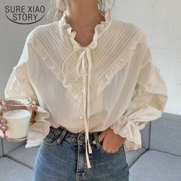 Korean Style Solid Long Lantern Sleeve Women Blouse Loose Clothing Cotton Vintage Elegant Tops Women Shirt Blusas 9580 210527