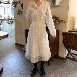 Mozuleva Autumn Winter Soft Slim Waist Lace-up Female Dress V-neck Buttons Women White Dress See-through Long Sleeve Midi Dress 210706