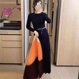 Autumn Office Gradient Bold Color Pleated Sweater Dress Women Elegant Knitted Dresses Winter A Line Party Vestidos 210603