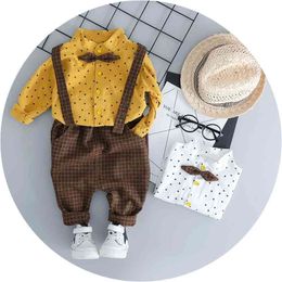 Spring Autumn Baby Overallpant Set Fashion Kids Long Sleeve Star Print Bowtie Shirt+Pant Boys 2 pcs Suit 210701