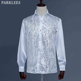 Floral Sequin Shirt Men Silk Satin Smooth Men Dress Shirts Prom Disco Stage Chorus Men Long Sleeve Splice Glitter Mens Clothing 210524