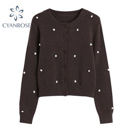 Korean Cardigan Sweater Women Plush Dot Spliced Retro Long Sleeve Spring Knitwear Female Fashion Chic Loose Knitted Tops 210417