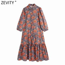 Women Vintage Totem Flower Print Pleated Ruffles Midi Shirt Dress Female Chic Puff Sleeve Casual Straight Vestidos DS8271 210420