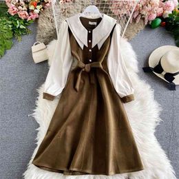 Autumn and Winter Contrast Color Lapel Slim Mid-length Skirt Fake Two Age-reducing Literary Fan Dresses HK168 210506