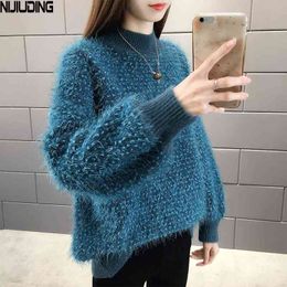 Autumn Women's Sweater Pullover Knit Long Sleeve Solid Colour Top Turtleneck Loose Lazy Plush Fleece Base Shirt 210514