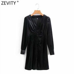 Zevity Women Vintage V Neck Buckles Velvet Slim Mini Dress Lady Pleats Long Sleeve Side Zipper Chic Business Vestido DS4769 210603