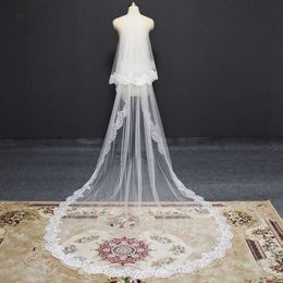 Real Photos 2 T Long Lace Wedding Veil with Blusher Cathedral Bridal Veil with Comb 3 Meters 2 Tiers White Ivory Soft Tulle Veil X0726