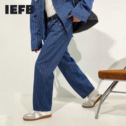 IEFB Men's Causal Pants Loose Fashion Dark Blue Striped Straight Trousers Spring Summer Korean Vintage Menwear 9Y6220 210524