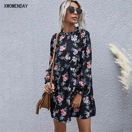 Autumn Spring Dress Casual Ladies Floral Flower Print Black Long Sleeve Loose Fit Dresses Fall Clothes For Women Fashion 210409