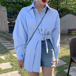 Korean Chic Lapel Single-Breasted Belt Irregular Loose Puff Sleeve Blue Shirt Women Wrap Peplem OL Feminino Bluas Mujer 210601