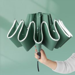 10k Automatic Folding Business Umbrella With Reflective Strips 3 fold Reverse Waterproof 210401