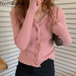 Nomikuma Korean Style Single Breasted Long Sleeve T Shirt Women Solid Colour Slim Knitted Crop Tops Sweet Fashion Tees 3c233 210514