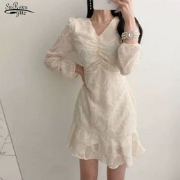 Korean Chic Puff Long Sleeve Ruffled Solid Dress Spring V-neck Tassel Pleated Elegant Slim Waist es for Women 13270 210521