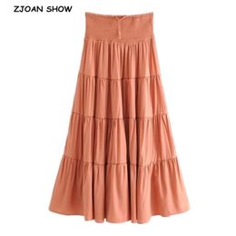 Bohemian Beige orange Long Skirt BOHO Holiday Women Elastic High Waist Stitching pleated Swing Skirts Beach 210429