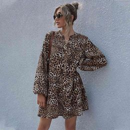 Leopard Print Lantern Sleeve Winter Dress Women Casual Loose Button Up Short Dress V Neck Khaki Dress 210415