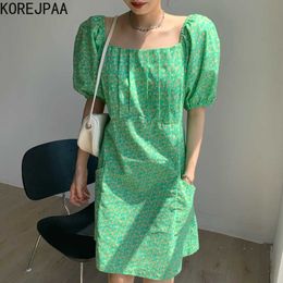 Korejpaa Women Dress Summer Korea Chic Western Style Elegant Square Collar Floral Embossed Waist Pocket Puff Sleeve Vestido 210526