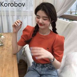 Korobov Summer New Fashion O Neck Puff Sleeve Women T Shirts Korean Sweet Chic Solid Preppy Style T Shirt Tee Tops 210430